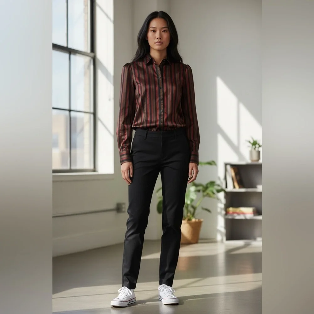 Zara Woman, Striped Satin Blouse, Large, Black, Red, Green, Brown - Picture 1 of 9